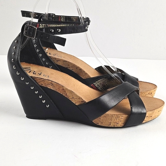 Reba Shoes - Reba Black Leather Studded Ankle Strap Platform Wedge Sandal